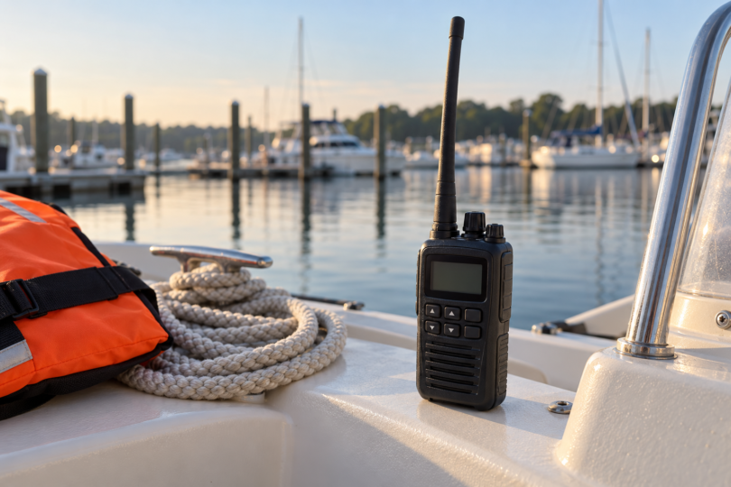 A dark handheld radio with a long antenna stands beside coiled dock line and an orange life jacket on a boat at a calm marina.
