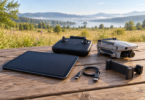 A dark tablet, remote controller, folded camera drone, USB cable and tablet holder arranged on an outdoor wooden table.