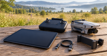A dark tablet, remote controller, folded camera drone, USB cable and tablet holder arranged on an outdoor wooden table.