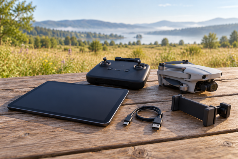 A dark tablet, remote controller, folded camera drone, USB cable and tablet holder arranged on an outdoor wooden table.