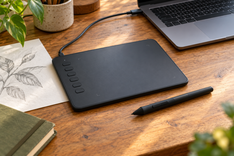 A black screenless drawing tablet and stylus on a wooden desk beside a laptop and a pencil sketch of leaves.