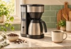 A stainless-steel thermal-carafe drip coffee maker beside a ceramic mug of coffee and a bowl of beans on a kitchen counter.