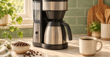 A stainless-steel thermal-carafe drip coffee maker beside a ceramic mug of coffee and a bowl of beans on a kitchen counter.
