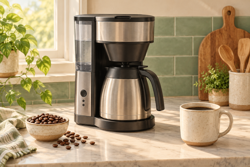 A stainless-steel thermal-carafe drip coffee maker beside a ceramic mug of coffee and a bowl of beans on a kitchen counter.
