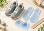 Illustration of small teal-and-gray sneakers, full-length blue gel inserts, separate heel cups and a ruler on a cream tabletop.