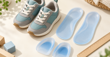 Illustration of small teal-and-gray sneakers, full-length blue gel inserts, separate heel cups and a ruler on a cream tabletop.