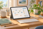 A tablet displaying a calendar grid and checklist beside a stylus, keyboard and closed notebook on a sunny desk.