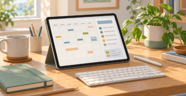 A tablet displaying a calendar grid and checklist beside a stylus, keyboard and closed notebook on a sunny desk.