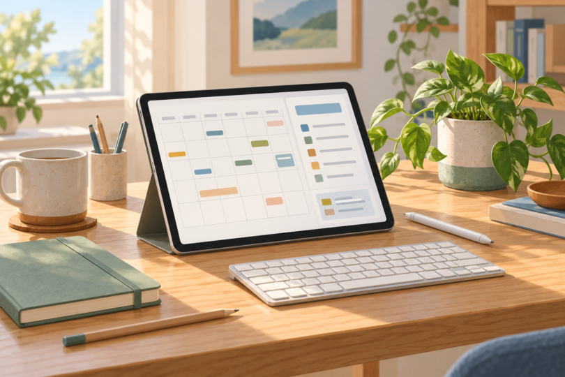 A tablet displaying a calendar grid and checklist beside a stylus, keyboard and closed notebook on a sunny desk.