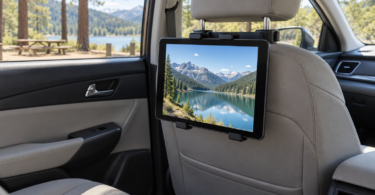 A black tablet showing a mountain lake mounted behind a car’s front passenger headrest.