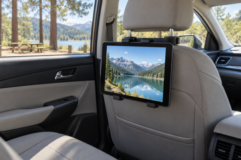 A black tablet showing a mountain lake mounted behind a car’s front passenger headrest.