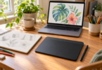 A black pen tablet and stylus beside a laptop displaying a flower illustration and an open paper sketchbook.