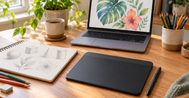 A black pen tablet and stylus beside a laptop displaying a flower illustration and an open paper sketchbook.