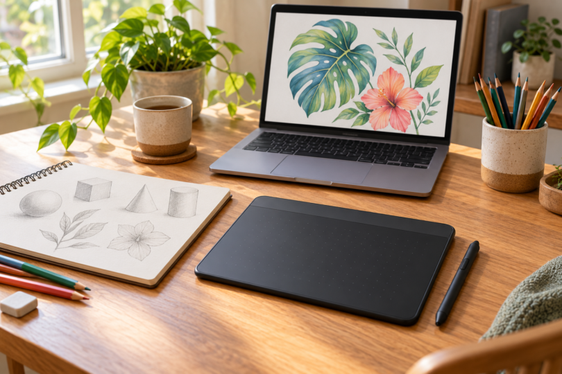 A black pen tablet and stylus beside a laptop displaying a flower illustration and an open paper sketchbook.