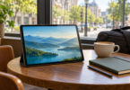 An unbranded tablet showing a lake scene beside a notebook, stylus and coffee on a wooden café table.