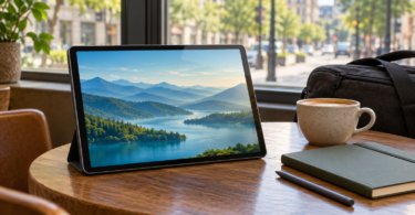 An unbranded tablet showing a lake scene beside a notebook, stylus and coffee on a wooden café table.
