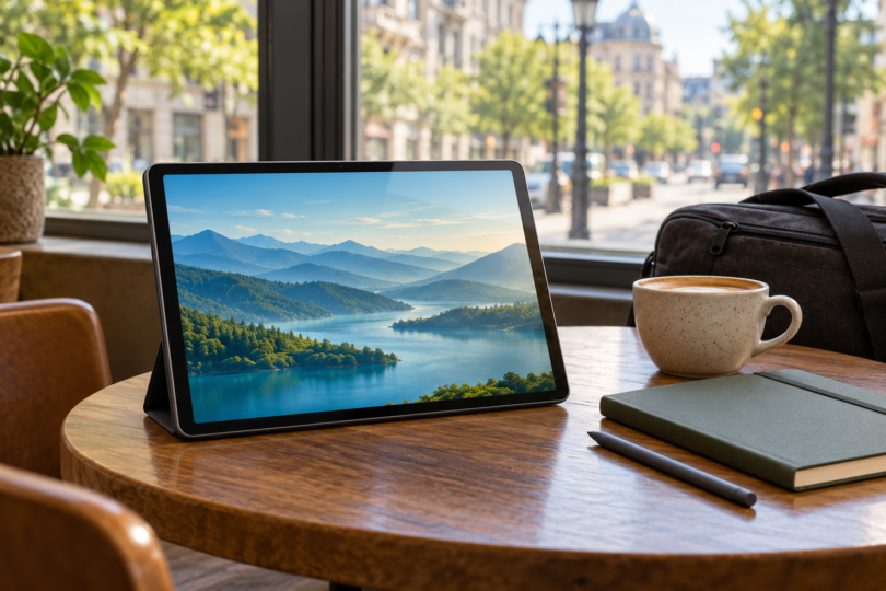 An unbranded tablet showing a lake scene beside a notebook, stylus and coffee on a wooden café table.