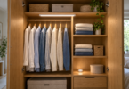 An open wooden wardrobe with a generic light bar above hanging shirts and a small puck light on a lower shelf.