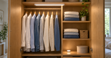 An open wooden wardrobe with a generic light bar above hanging shirts and a small puck light on a lower shelf.