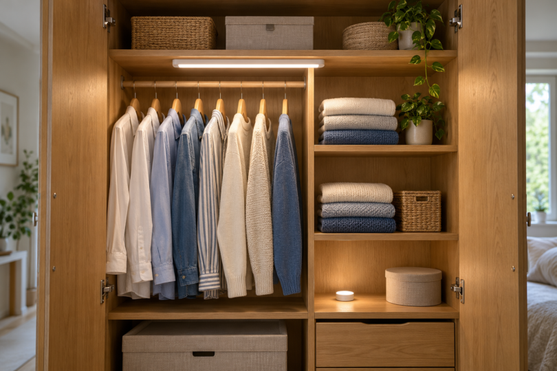 An open wooden wardrobe with a generic light bar above hanging shirts and a small puck light on a lower shelf.