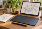 Generic pen tablet and stylus beside a tablet displaying a botanical sketch and a paper sketchpad.