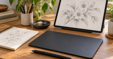 Generic pen tablet and stylus beside a tablet displaying a botanical sketch and a paper sketchpad.