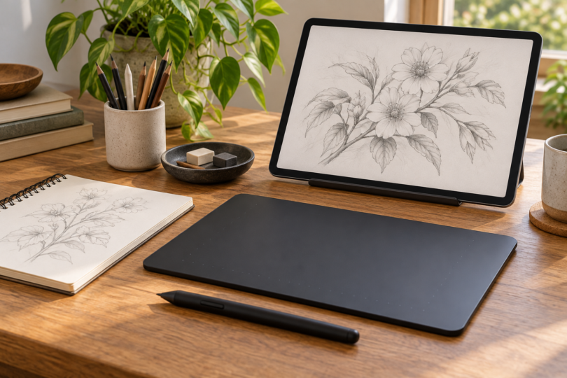 Generic pen tablet and stylus beside a tablet displaying a botanical sketch and a paper sketchpad.