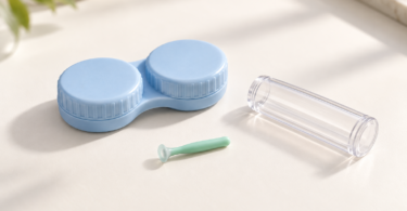 Illustration of a closed blue contact lens case, a small green cup-tipped handling tool and a clear protective tube on a light surface
