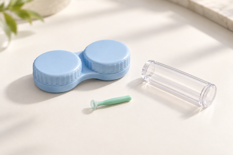 Illustration of a closed blue contact lens case, a small green cup-tipped handling tool and a clear protective tube on a light surface