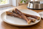 Three unbranded brown dried dog chews on a pale plate beside a stainless steel water bowl on a wooden table