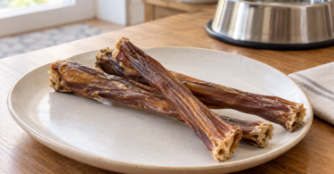 Three unbranded brown dried dog chews on a pale plate beside a stainless steel water bowl on a wooden table