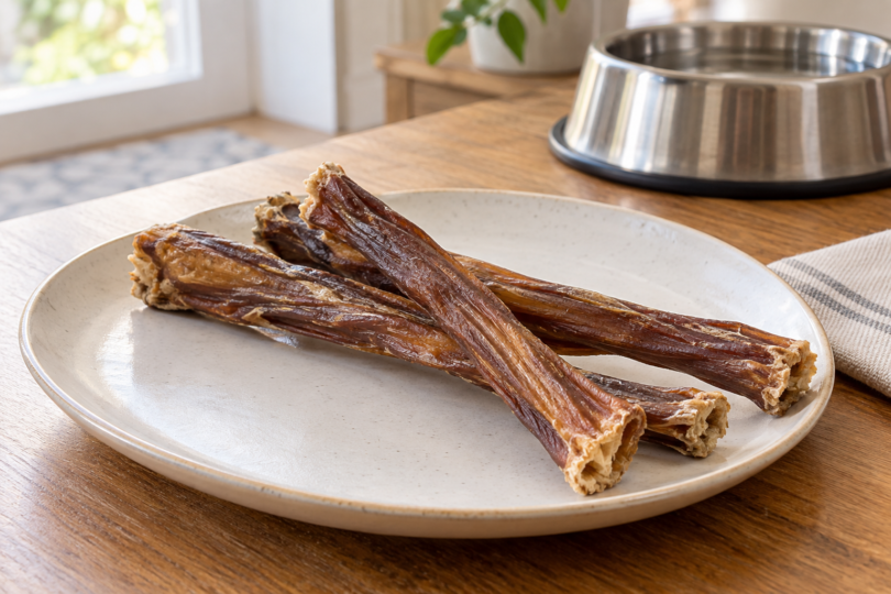 Three unbranded brown dried dog chews on a pale plate beside a stainless steel water bowl on a wooden table