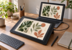 Generic pen display connected to a laptop, both showing botanical artwork, with a stylus, keyboard and closed sketchbook on a wooden desk