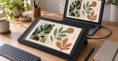 Generic pen display connected to a laptop, both showing botanical artwork, with a stylus, keyboard and closed sketchbook on a wooden desk