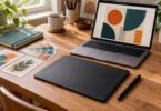 Generic screenless pen tablet and stylus on a wooden desk beside a laptop showing abstract artwork, color swatches and a closed sketchbook