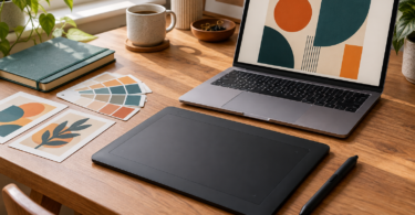 Generic screenless pen tablet and stylus on a wooden desk beside a laptop showing abstract artwork, color swatches and a closed sketchbook