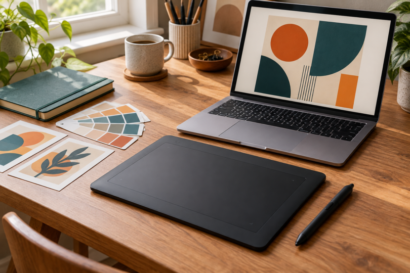 Generic screenless pen tablet and stylus on a wooden desk beside a laptop showing abstract artwork, color swatches and a closed sketchbook