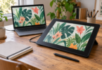 Generic pen display and laptop showing botanical artwork on a wooden desk, with a stylus and closed sketchbook nearby
