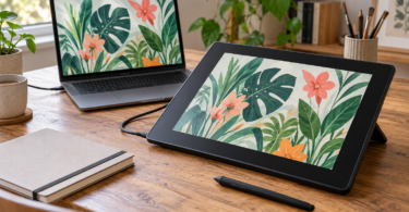 Generic pen display and laptop showing botanical artwork on a wooden desk, with a stylus and closed sketchbook nearby