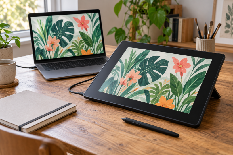 Generic pen display and laptop showing botanical artwork on a wooden desk, with a stylus and closed sketchbook nearby