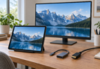 Generic tablet and monitor displaying a mountain lake beside a disconnected HDMI cable and USB-C adapter