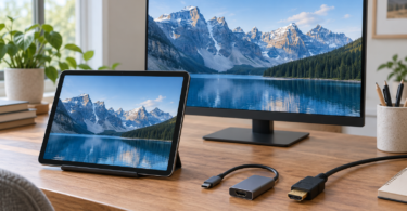 Generic tablet and monitor displaying a mountain lake beside a disconnected HDMI cable and USB-C adapter