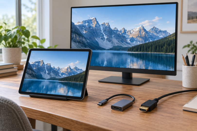 Generic tablet and monitor displaying a mountain lake beside a disconnected HDMI cable and USB-C adapter