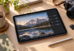 Generic tablet displaying a mountain photo with editing controls beside a stylus, camera and memory card