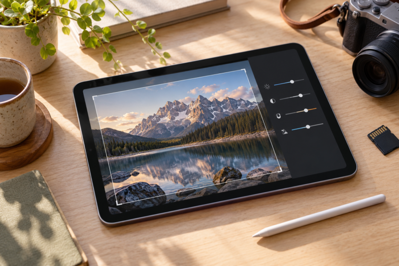 Generic tablet displaying a mountain photo with editing controls beside a stylus, camera and memory card