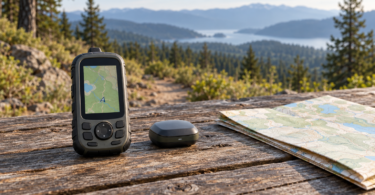 Generic handheld GPS and a small wireless receiver beside a folded paper map on a wooden table overlooking forested hills