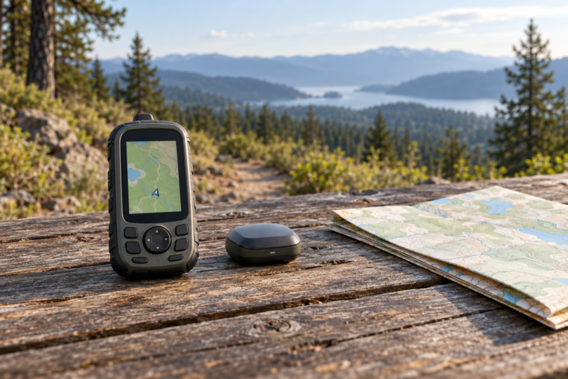 Generic handheld GPS and a small wireless receiver beside a folded paper map on a wooden table overlooking forested hills