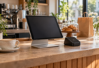 Generic tablet on a stand beside a separate contactless reader and a coffee cup on a cafe counter