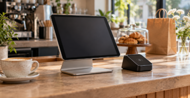Generic tablet on a stand beside a separate contactless reader and a coffee cup on a cafe counter