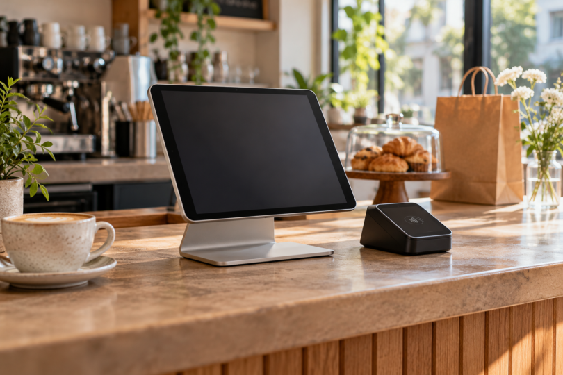 Generic tablet on a stand beside a separate contactless reader and a coffee cup on a cafe counter